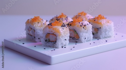 Six Pieces of Sushi with Black Sesame Seeds and Orange Sauce on a White Plate photo