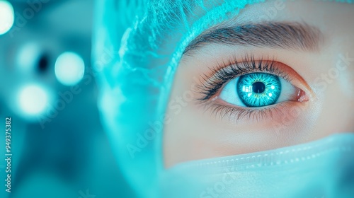 Close up Blue Eye of a Female Surgeon in a Surgical Cap and Mask