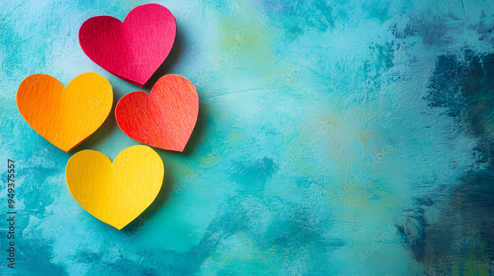 Obraz premium fondo azul con espacio para copiar con corazones de papel decorativos para tarjeta o diseño de invitacion