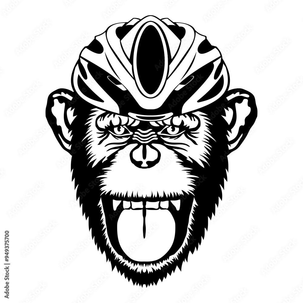 Fototapeta premium Chimpanzee Laughing In Bike Helmet