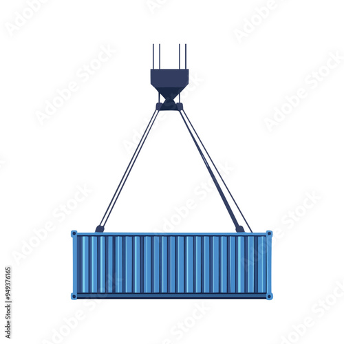 Crane lifts with blue cargo container Industrial crane hook and Transportation Container