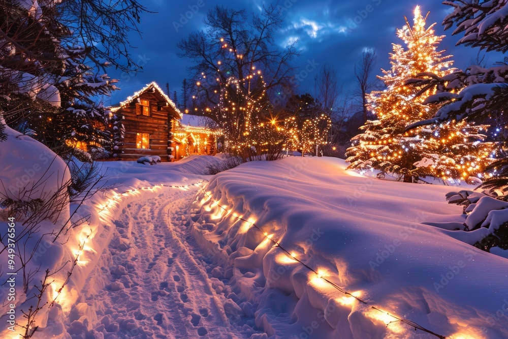 Sparkling Christmas lights illuminating a snowy path leading to a cozy log cabin, with a large Christmas tree nearby. Sparkling Christmas lights illuminating a snowy path leading to a cozy log cabin, with a large Christmas tree nearby.