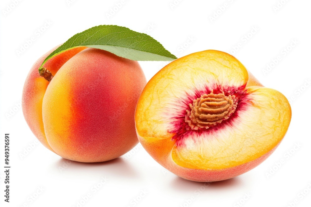 Ripe peach with leaf and peach slices on white background. File contains clipping path with generative ai Ripe peach with leaf and peach slices on white background. File contains clipping path with generative ai