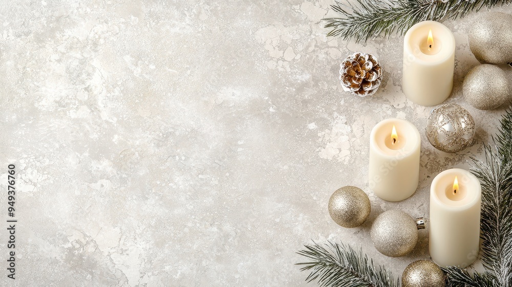 Festive Christmas Decor with Candles Ornaments and Pine Sprigs Festive Christmas Decor with Candles Ornaments and Pine Sprigs