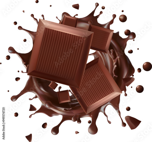 Dark chocolate bar chocolate Splashing with chocolate background and chocolate lava realistic splash of chocolate milk chocolate flow pouring, Realistic vector illustration, Mesh gradient wes
