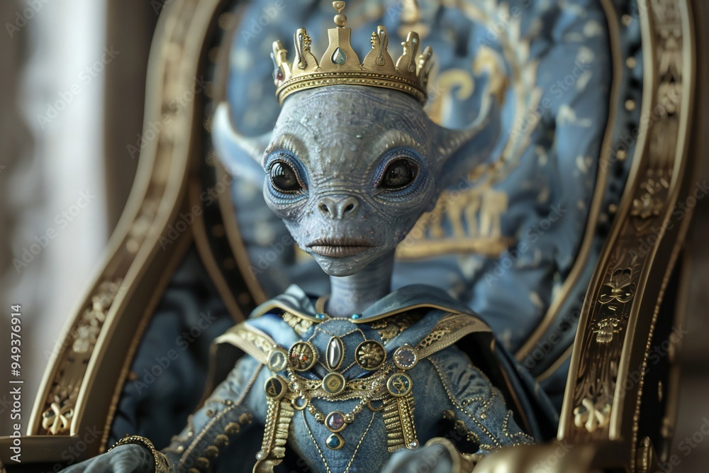 Fototapeta premium Cute stereo-typical grey alien wearing royal attire with a crown, sitting on a throne, castle details in the background, 3D render, created by ai