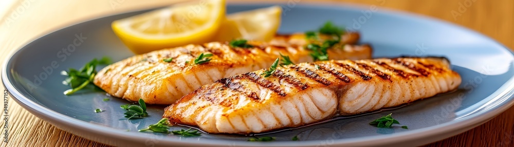Grilled Fish Fillet with Lemon and Herbs on a Plate Grilled Fish Fillet with Lemon and Herbs on a Plate