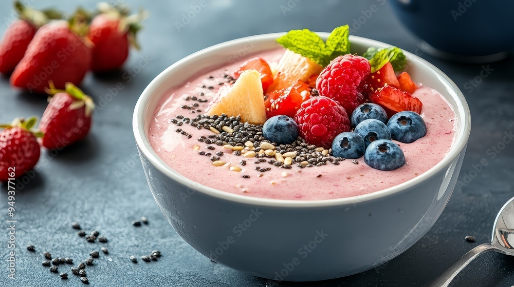 Healthy Strawberry Smoothie Bowl with Chia Seeds Raspberries Blueberries and Pineapple Healthy Strawberry Smoothie Bowl with Chia Seeds Raspberries Blueberries and Pineapple