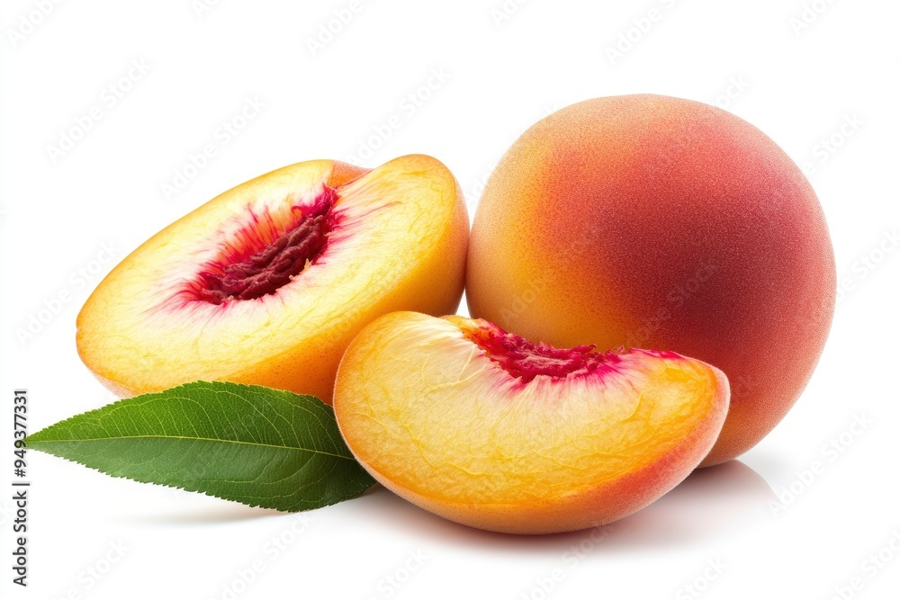Ripe peach with leaf and peach slices on white background. File contains clipping path with generative ai Ripe peach with leaf and peach slices on white background. File contains clipping path with generative ai