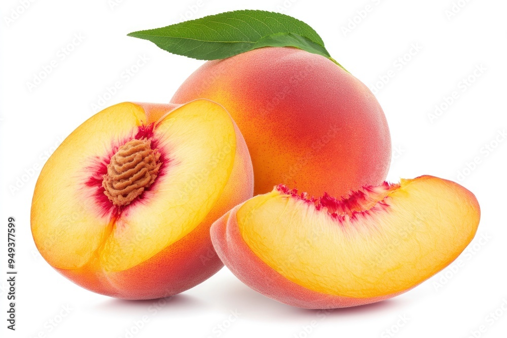 Ripe peach with leaf and peach slices on white background. File contains clipping path with generative ai Ripe peach with leaf and peach slices on white background. File contains clipping path with generative ai