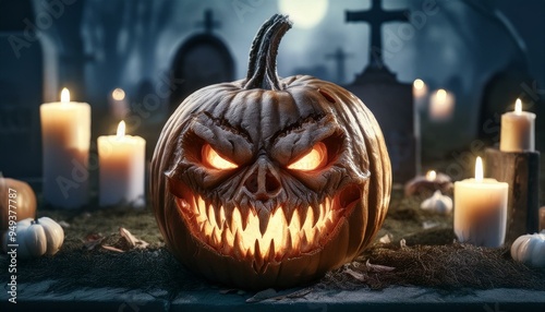halloween pumpkin and candles with a graveyard background