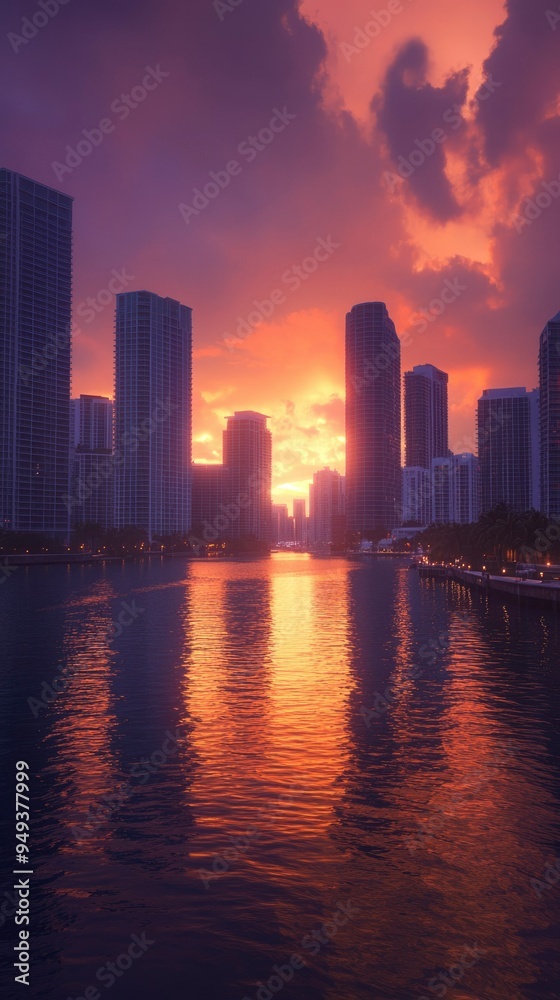 Sunset Reflection Over Cityscape With Waterway Sunset Reflection Over Cityscape With Waterway