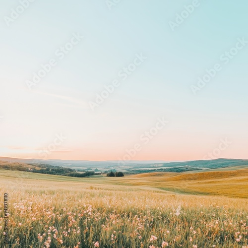 Summer Sunset Landscape with Rolling Hills and Wildflowers