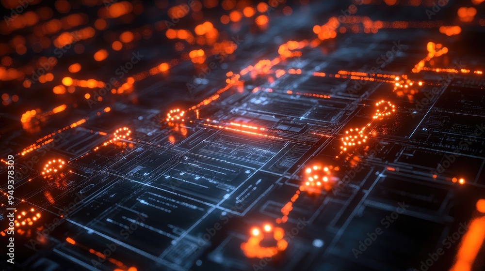 Futuristic Glowing Circuit Board in Dark Environment with Orange Lights and Blue Details Futuristic Glowing Circuit Board in Dark Environment with Orange Lights and Blue Details