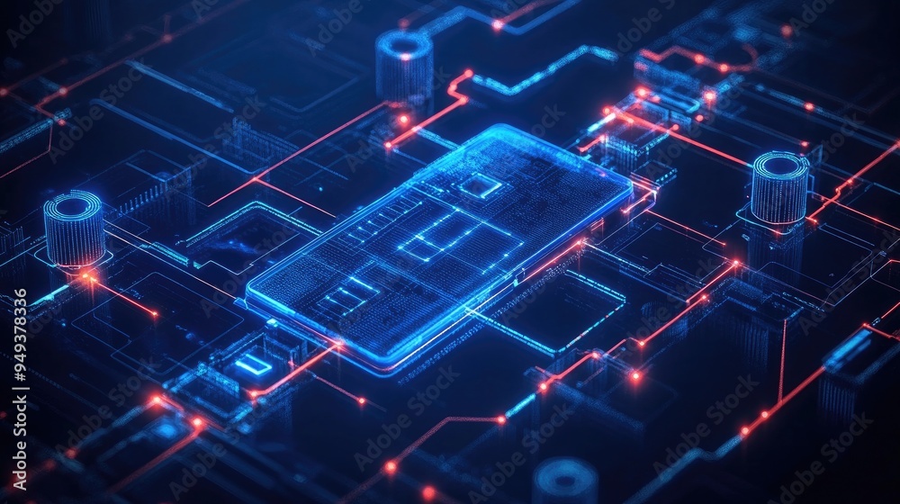 Futuristic Digital Circuit Board with Blue and Red Neon Lights - High-Tech Electronic Technology Concept Futuristic Digital Circuit Board with Blue and Red Neon Lights - High-Tech Electronic Technology Concept