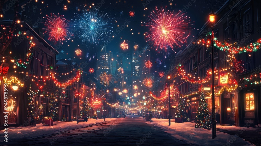 Festive City Street Illuminated with Christmas Lights and Fireworks During Winter Night Celebration Festive City Street Illuminated with Christmas Lights and Fireworks During Winter Night Celebration