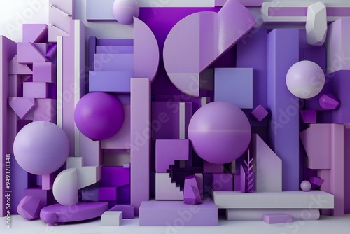 Geometric shapes in purple, violet, and lavender colors, with a white background, 3D render, created by ai photo