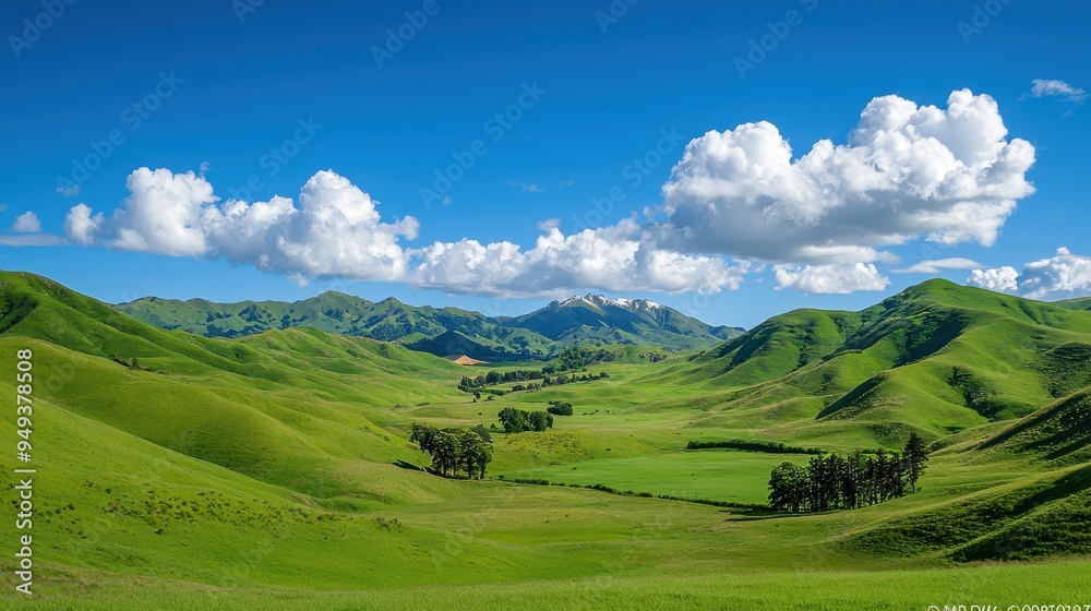 Green rolling hills with a blue sky and white clouds Green rolling hills with a blue sky and white clouds