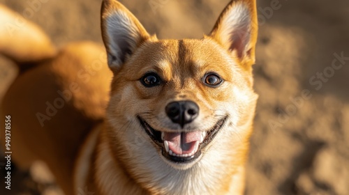 Happy Shiba Inu with a bright eye and wide smile, close-up portrait on a sunny yellow-orange backdrop