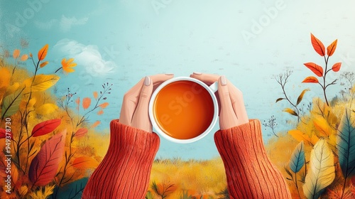 Warm Autumn Morning with Hands Holding Coffee Cup in Colorful Fall Landscape photo