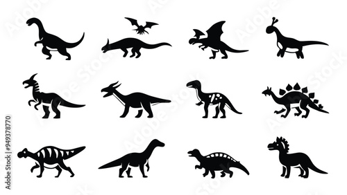 Isometric set of dinosaur icons. Generate 12 dinosaurs in black silhouette.