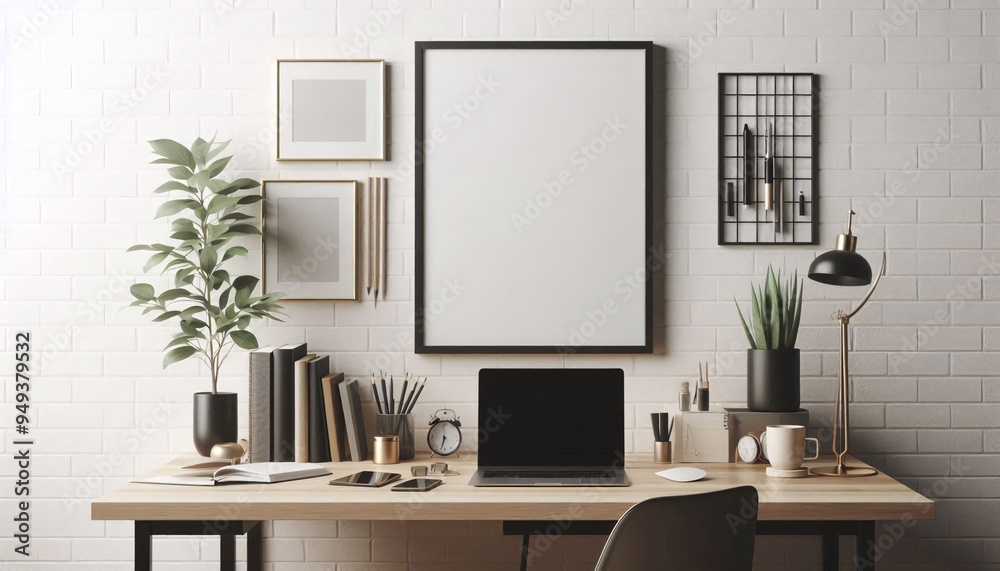 Obraz premium Mockup poster wooden frame on wall close up front view