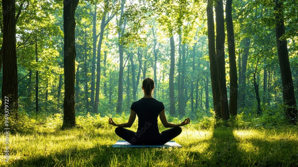 Woman Meditating in a Lush Green Forest Woman Meditating in a Lush Green Forest
