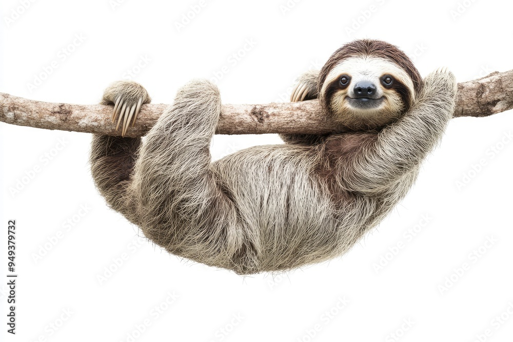 Fototapeta premium Sloth, Animal of Costa Rica on white background, isolated, funny animal hanging on tree branch scratching belly, cute, funny and chilled with generative ai