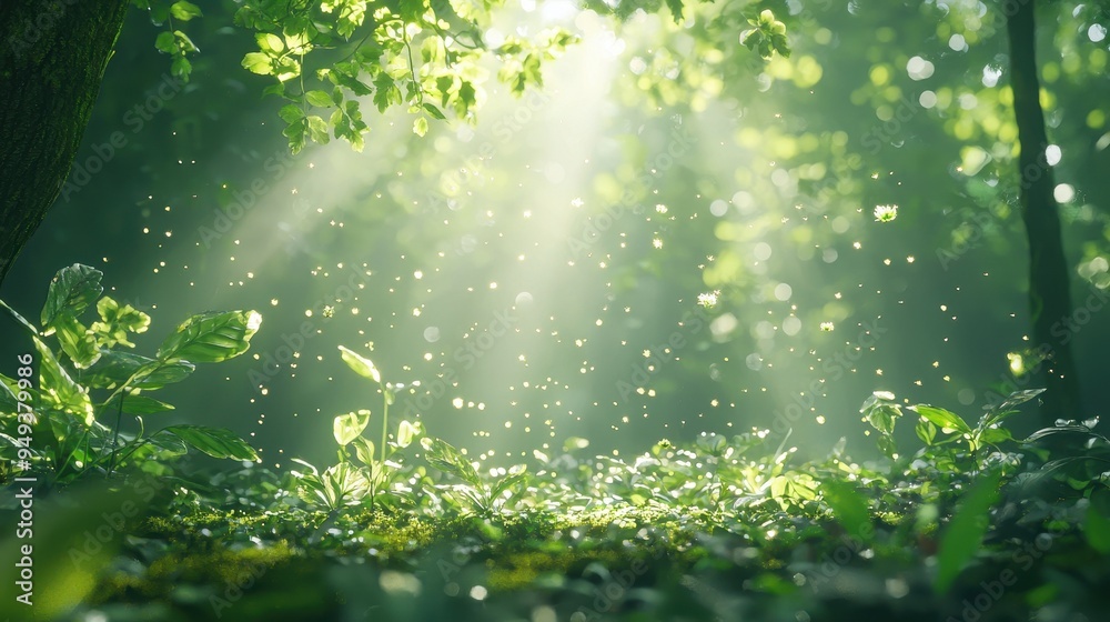 Sunbeams Through Green Leaves in Forest with Bokeh Effect Sunbeams Through Green Leaves in Forest with Bokeh Effect