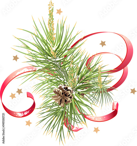 Green fluffy spruce branch with red ribbon and cone symbol christmas and new year isolated on white background. Vector template greeting xmas card
