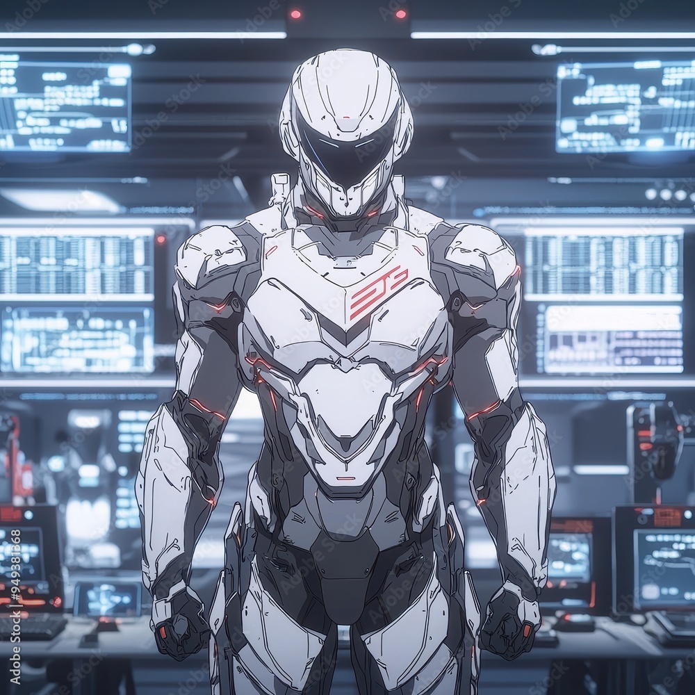 Futuristic Cyborg Soldier in White Exosuit Standing in Tech Lab Futuristic Cyborg Soldier in White Exosuit Standing in Tech Lab