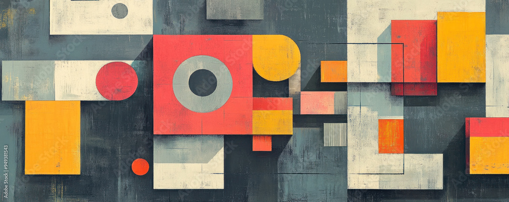 A colorful abstract painting with a lot of shapes and circles. The painting is made up of squares and triangles A colorful abstract painting with a lot of shapes and circles. The painting is made up of squares and triangles