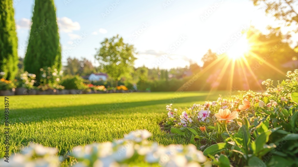 Obraz premium Sunny Summer Garden with Flowers and Green Grass