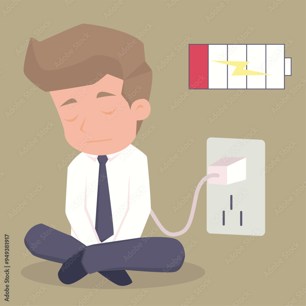 Businessman feeling tired and low battery, illustration vector cartoon