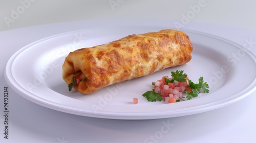 Golden-Brown Rolled Pastry with Garnishes on a White Plate