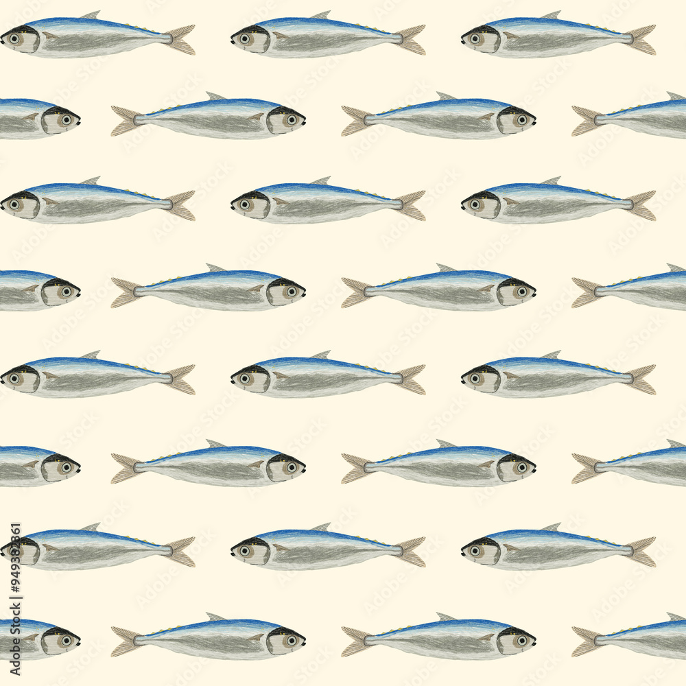 Patrón sin costuras de sardinas en fondo beige. Fondo repetitivo de peces. Fondo de sardinas para sublimación. Papel digital para álbum de recorte.