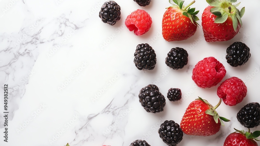 Fresh assorted berries on a white marble background. Strawberries, raspberries, and blackberries in a vibrant, healthy fruit display. Fresh assorted berries on a white marble background. Strawberries, raspberries, and blackberries in a vibrant, healthy fruit display.