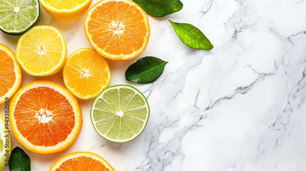 Fresh citrus slices with vibrant colors on a marble background. Juicy oranges, lemons, and limes perfect for refreshing summer vibes. Fresh citrus slices with vibrant colors on a marble background. Juicy oranges, lemons, and limes perfect for refreshing summer vibes.