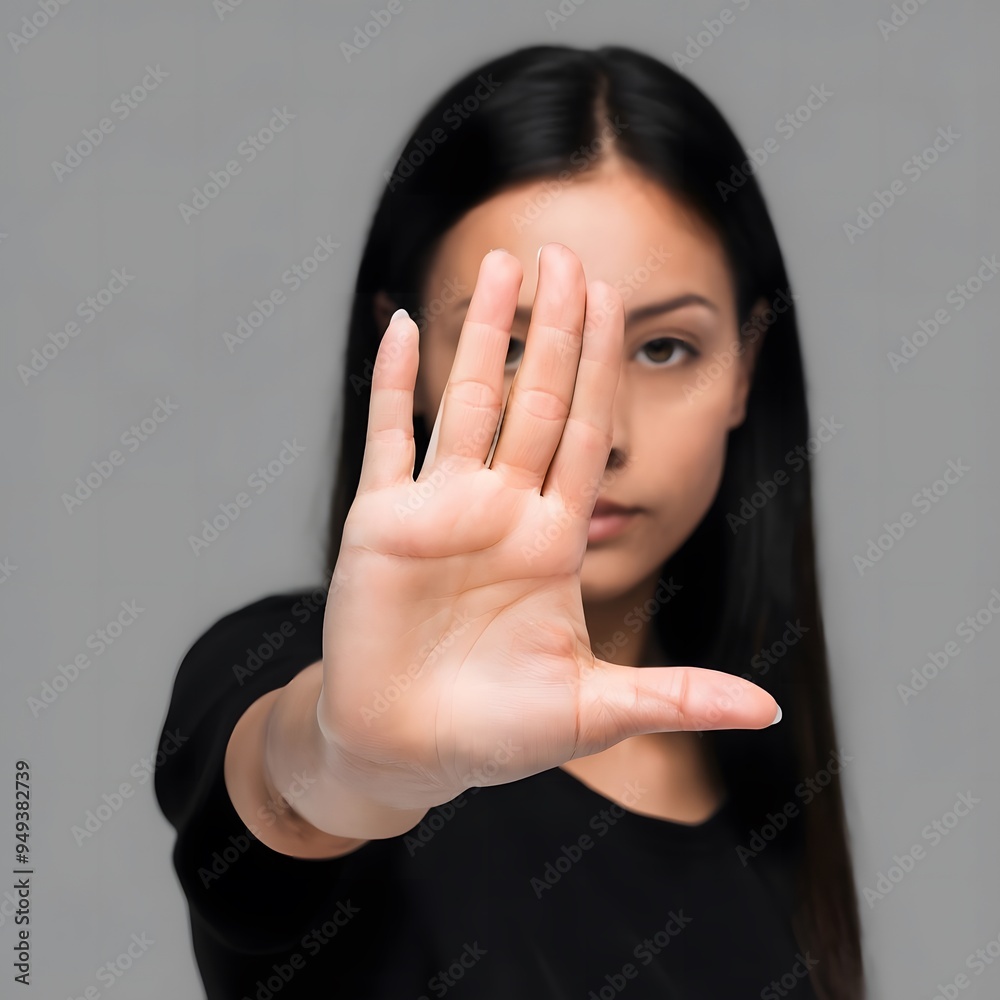 Close up focus on female palm hand showing stop sign, woman protesting against bullying in society, sexual or racial discrimination, denying family abuse indoors Close up focus on female palm hand showing stop sign, woman protesting against bullying in society, sexual or racial discrimination, denying family abuse indoors