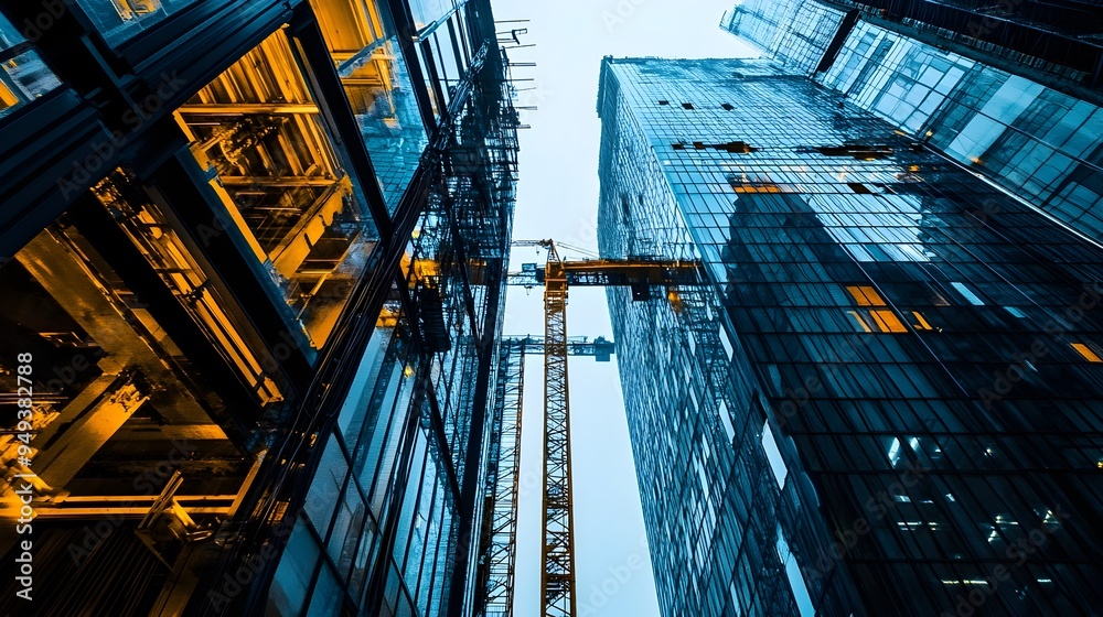 Fototapeta premium Automated HVAC Installation Process in a Skyscraper Construction Site Utilizing Advanced IoT Enabled Machinery for Efficient and Streamlined Building Systems