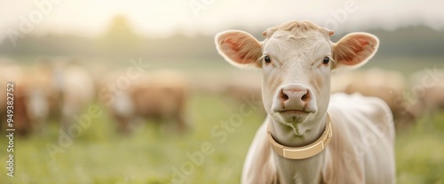 Livestock grazing with electronic collars, no text, copy space, natural lighting