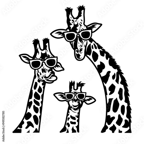Giraffe | 3 Giraffe Head | Cool Giraffe Family | Safari Animal | Giraffe Wearing Sunglasses | Long Neck Animal | Zoo Animal | Wildlife | Original Illustration | Vector and Clipart | Cutfile and Stenc
