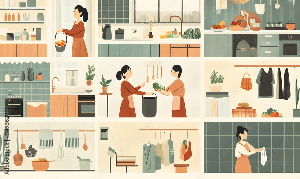 A hand-drawn illustration of a kitchen interior with women preparing food and cleaning. A hand-drawn illustration of a kitchen interior with women preparing food and cleaning.
