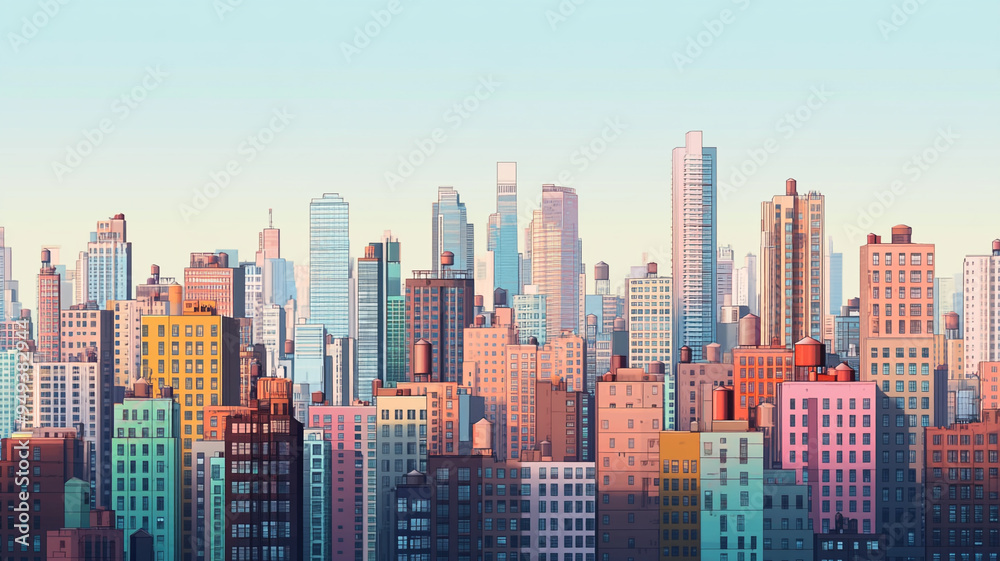 Obraz premium Vibrant city skyline at sunset featuring colorful high-rise buildings and clear blue sky