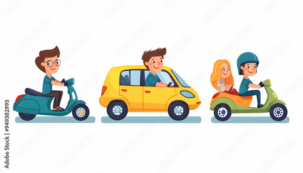 Happy cartoon people driving a car and scooters. Happy cartoon people driving a car and scooters.