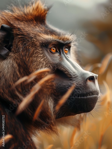 Close up portrait of a Gelada Baboon, Theropithecus gelada, in the Ethiopian Highlands photo