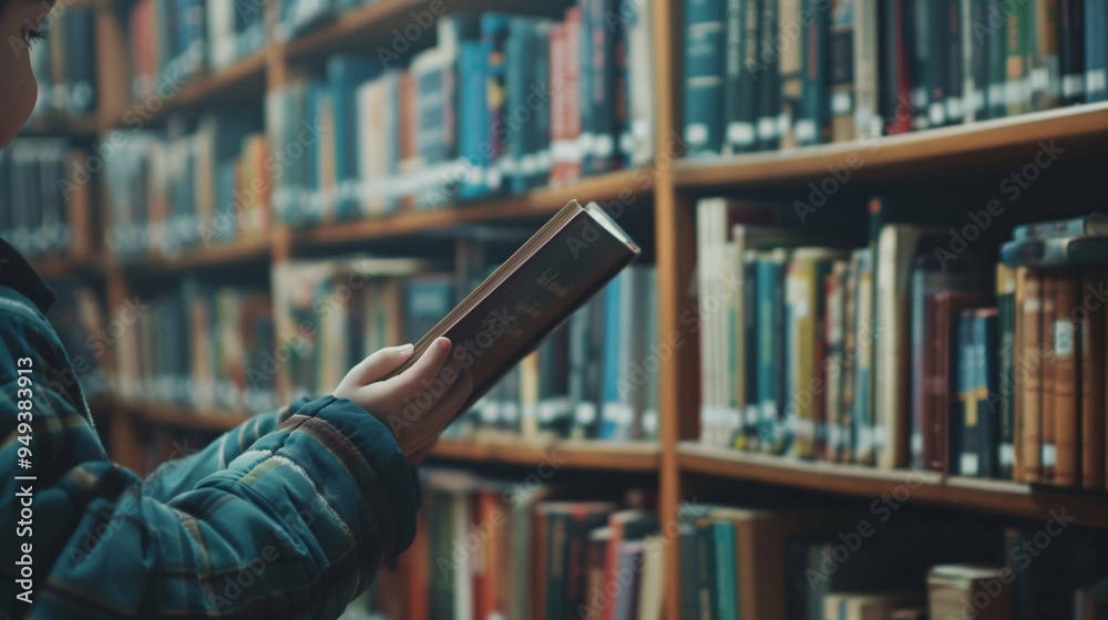 07231249 05. A close-up shot of a boy's hand opening a book, with the scene framed by bookshelves filled with countless books in the background, creating a sense of wonder and the endless 07231249 05. A close-up shot of a boy's hand opening a book, with the scene framed by bookshelves filled with countless books in the background, creating a sense of wonder and the endless