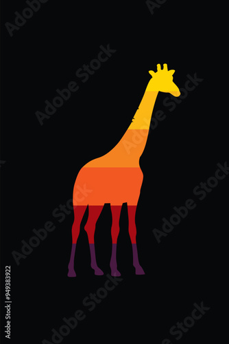 The silhouette of a giraffe in a retro sunset. Original vector illustration in vintage style isolated on black background. photo