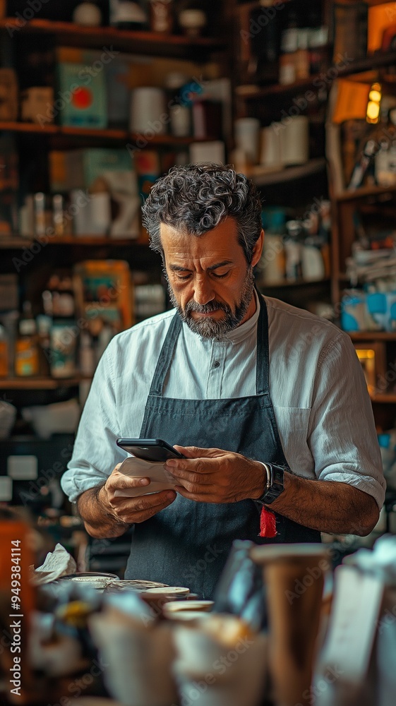 Owner of a cafe utilizing a smartphone for small business