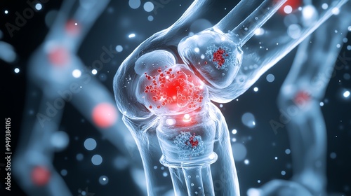 Visual representation of gout, showing uric acid crystal buildup in a joint, causing inflammation and pain, with a close-up of the affected area for clarity